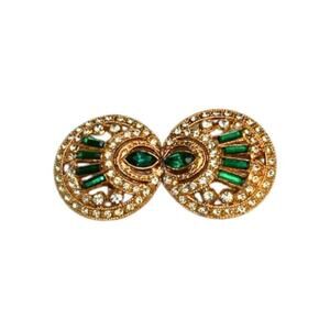 Vintage Gold Tone Green Cabochon Rhinestone Brooch – Double Circle Design